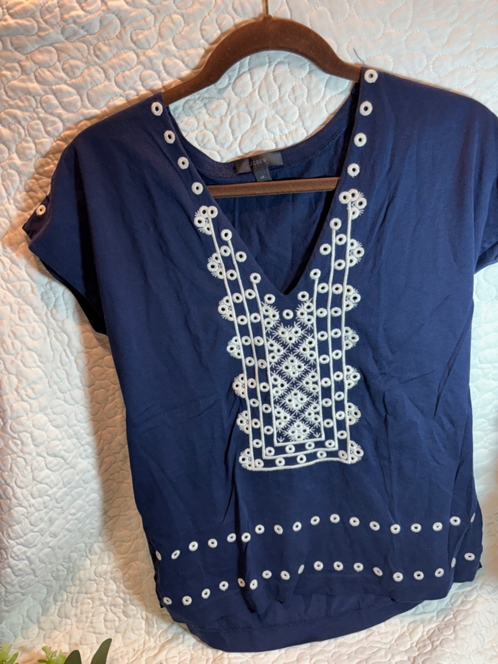 J. Crew Navy Blue Embroidered V-Neck Blouse